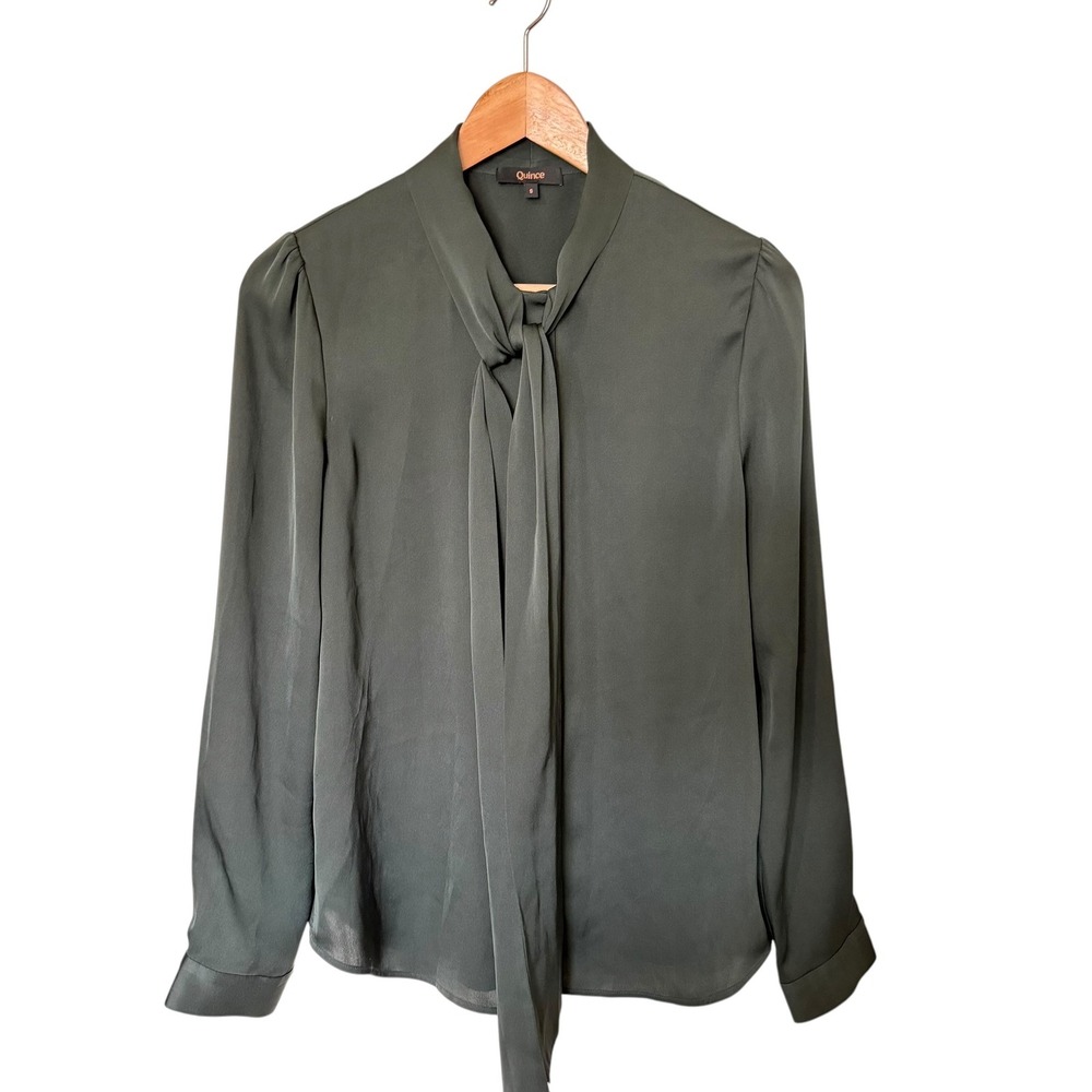Quince Silk Tie Blouse Women S Forest Green Excellent  Bow Top